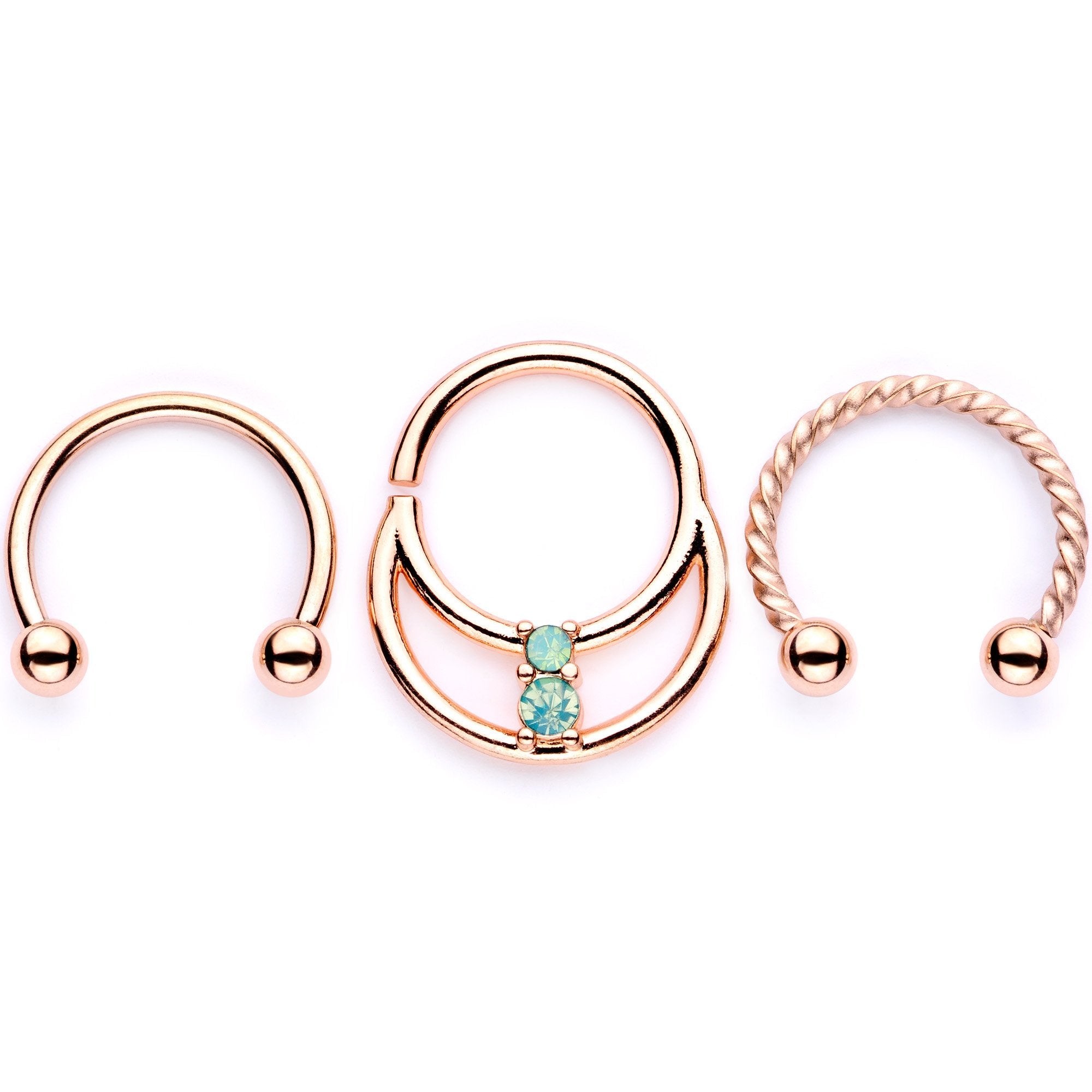 16G 3/8 Teal Faux Opal Rose Gold Tone Horseshoe Closure Ring Set