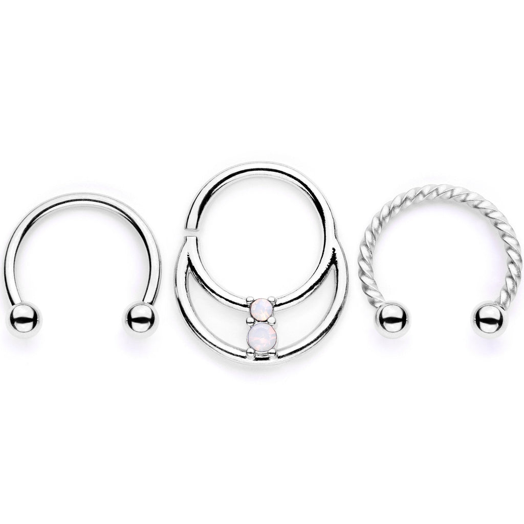 16G 3/8 White Faux Opal Twisted Horseshoe Closure Ring Set