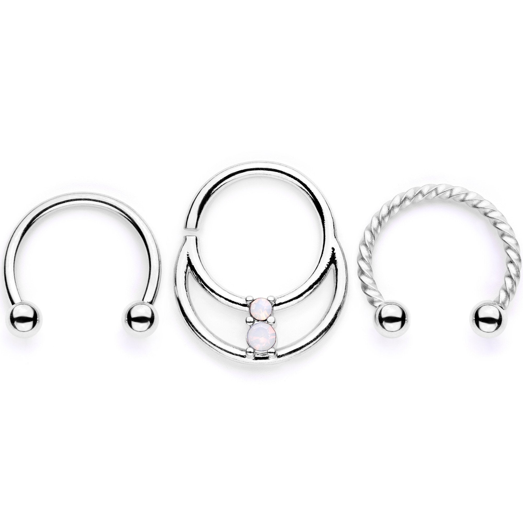 16G 3/8 White Faux Opal Twisted Horseshoe Closure Ring Set