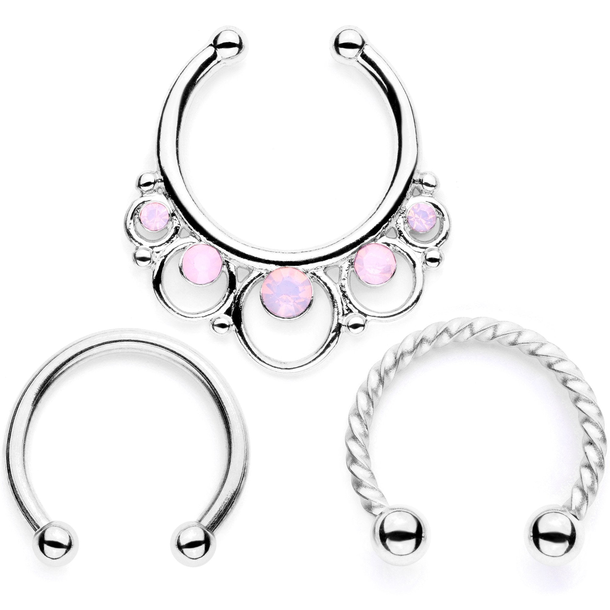 16G Pink Faux Opal Twisted Horseshoe Clip On Fake Septum Ring Set