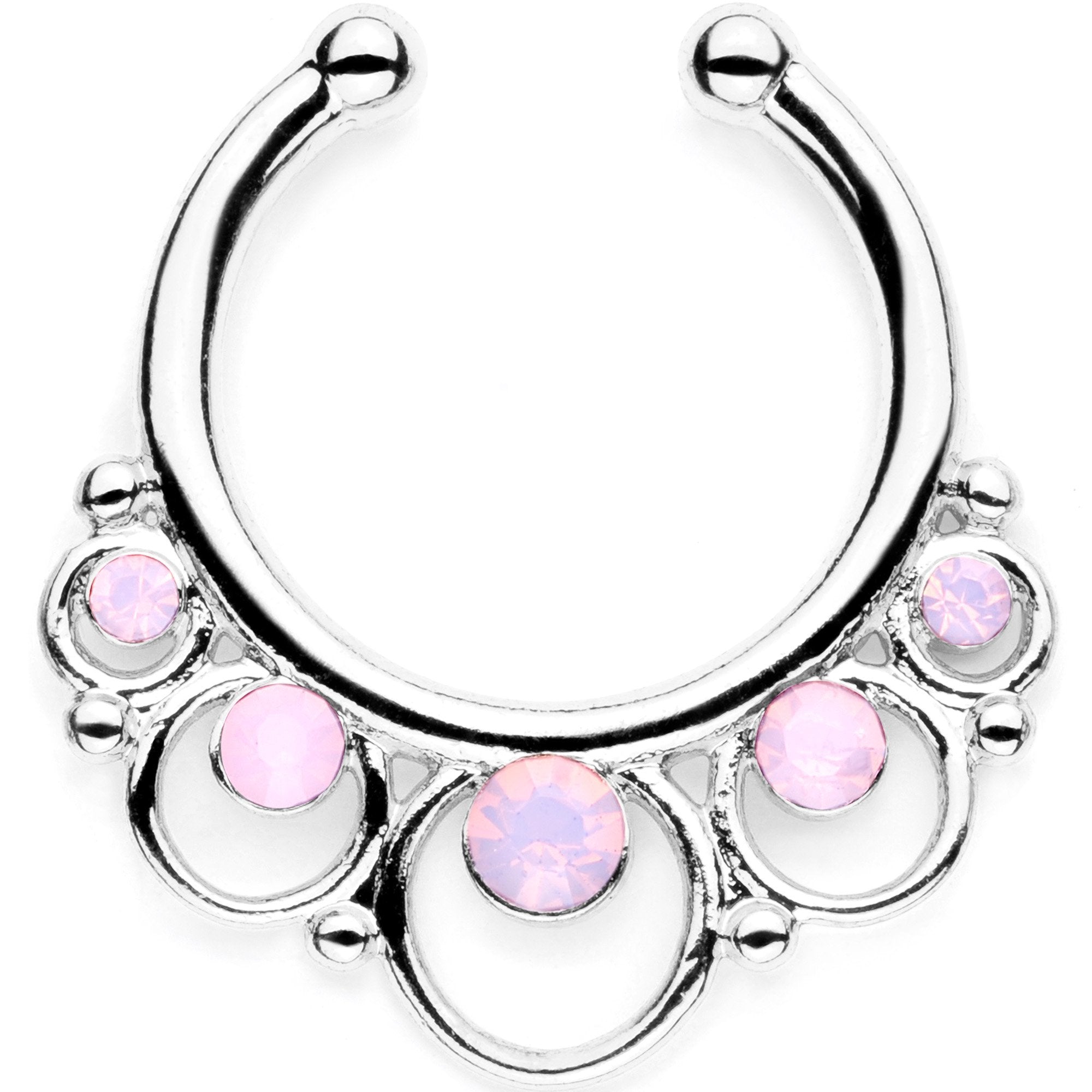 16G Pink Faux Opal Twisted Horseshoe Clip On Fake Septum Ring Set