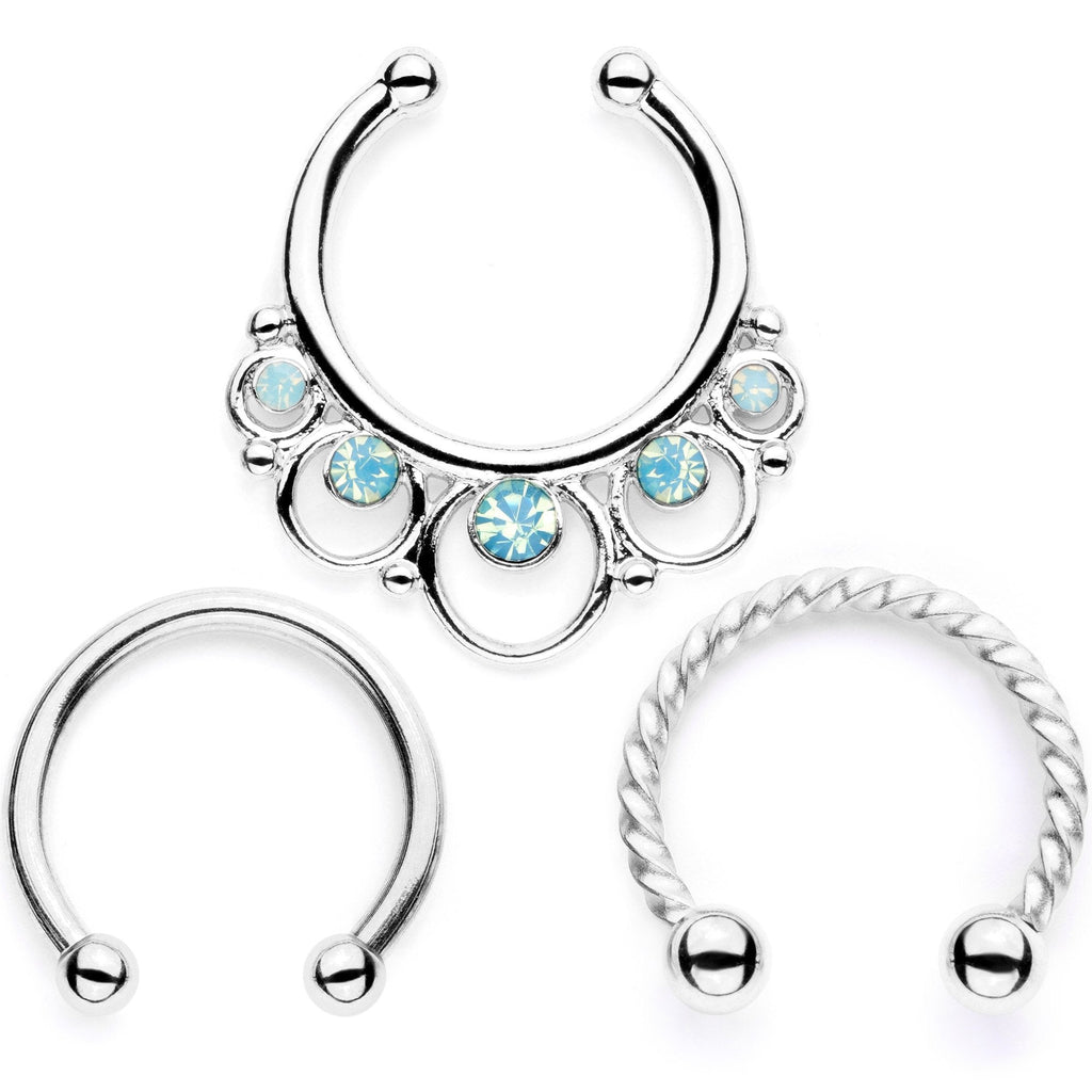 16G Teal Faux Opal Twisted Horseshoe Clip On Fake Septum Ring Set