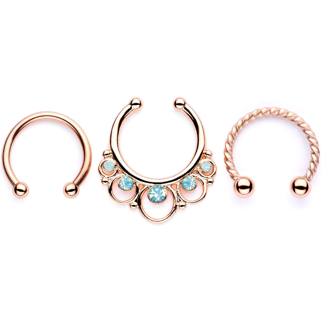 16G Teal Faux Opal Rose Gold Tone Twisted Horseshoe Clip On Fake Septum Ring Set