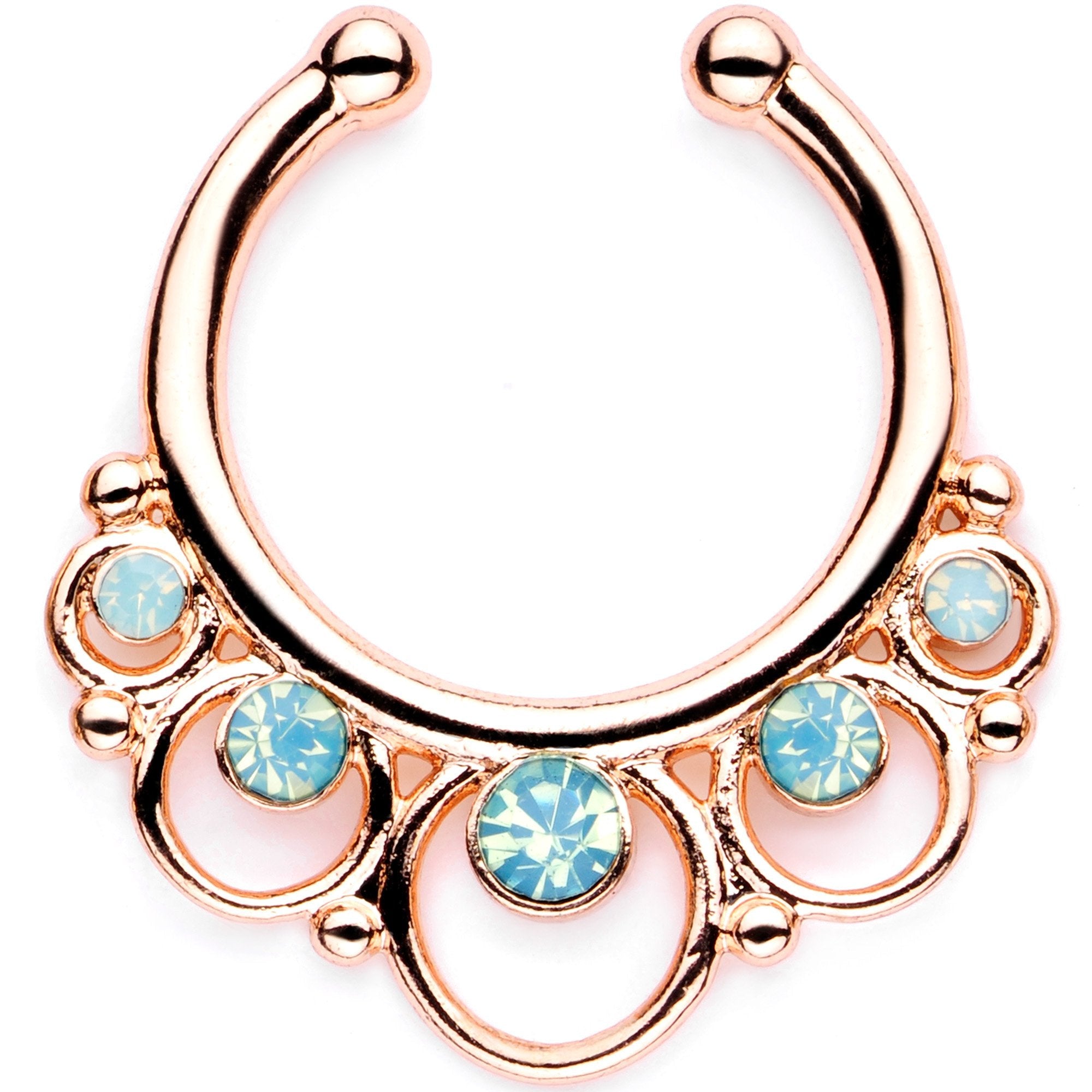 16G Teal Faux Opal Rose Gold Tone Twisted Horseshoe Clip On Fake Septum Ring Set