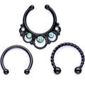 16G Teal Faux Opal Black Anodized Twisted Horseshoe Clip On Fake Septum Ring Set