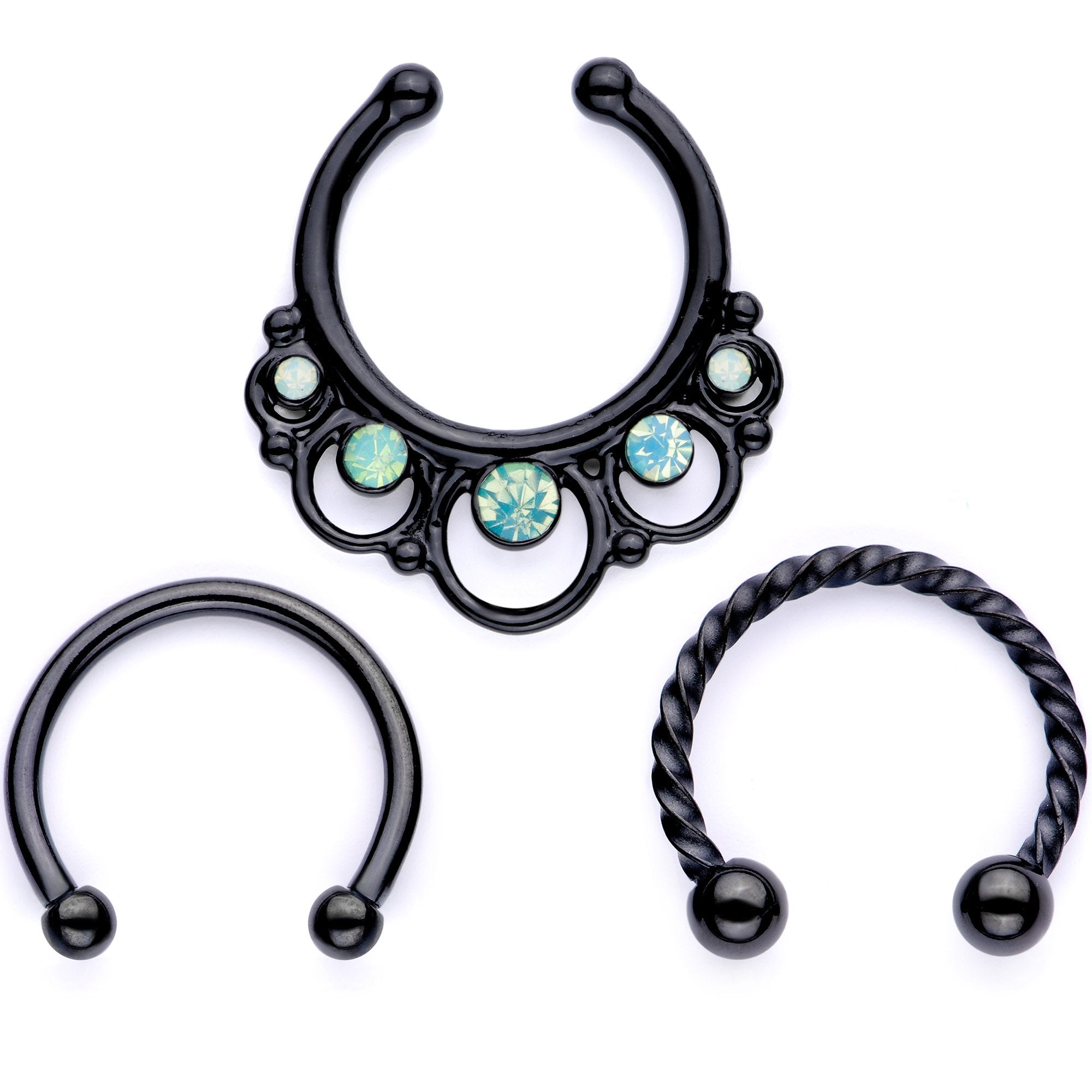 16G Teal Faux Opal Black Anodized Twisted Horseshoe Clip On Fake Septum Ring Set