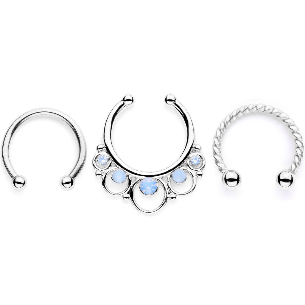 16G Blue Faux Opal Twisted Horseshoe Clip On Fake Septum Ring Set