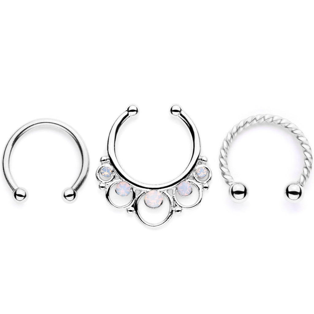 16G White Faux Opal Twisted Horseshoe Clip On Fake Septum Ring Set