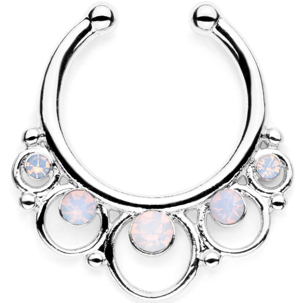 16G White Faux Opal Twisted Horseshoe Clip On Fake Septum Ring Set