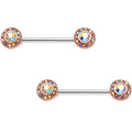 14G Aurora Gem Rose Gold Tone Cluster Barbell Nipple Ring Set