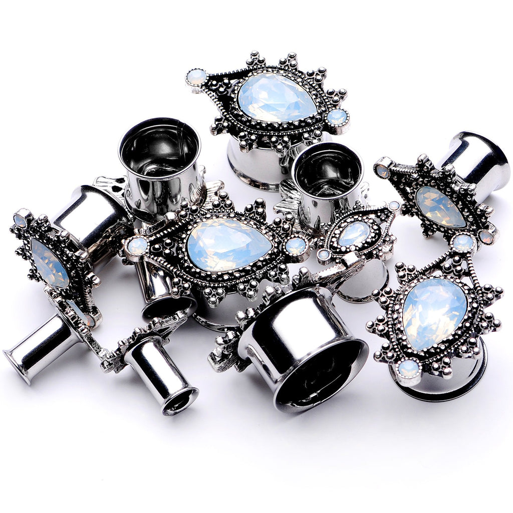 White Faux Opal Filigree Framed Double Flare Plug Set 6mm  to 12mm