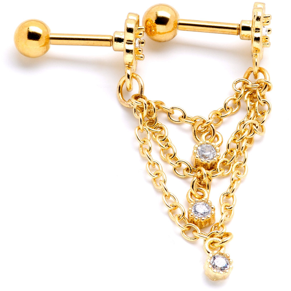 16G 1/4 Clear Gem Gold PVD Flower Cartilage Chain Earring