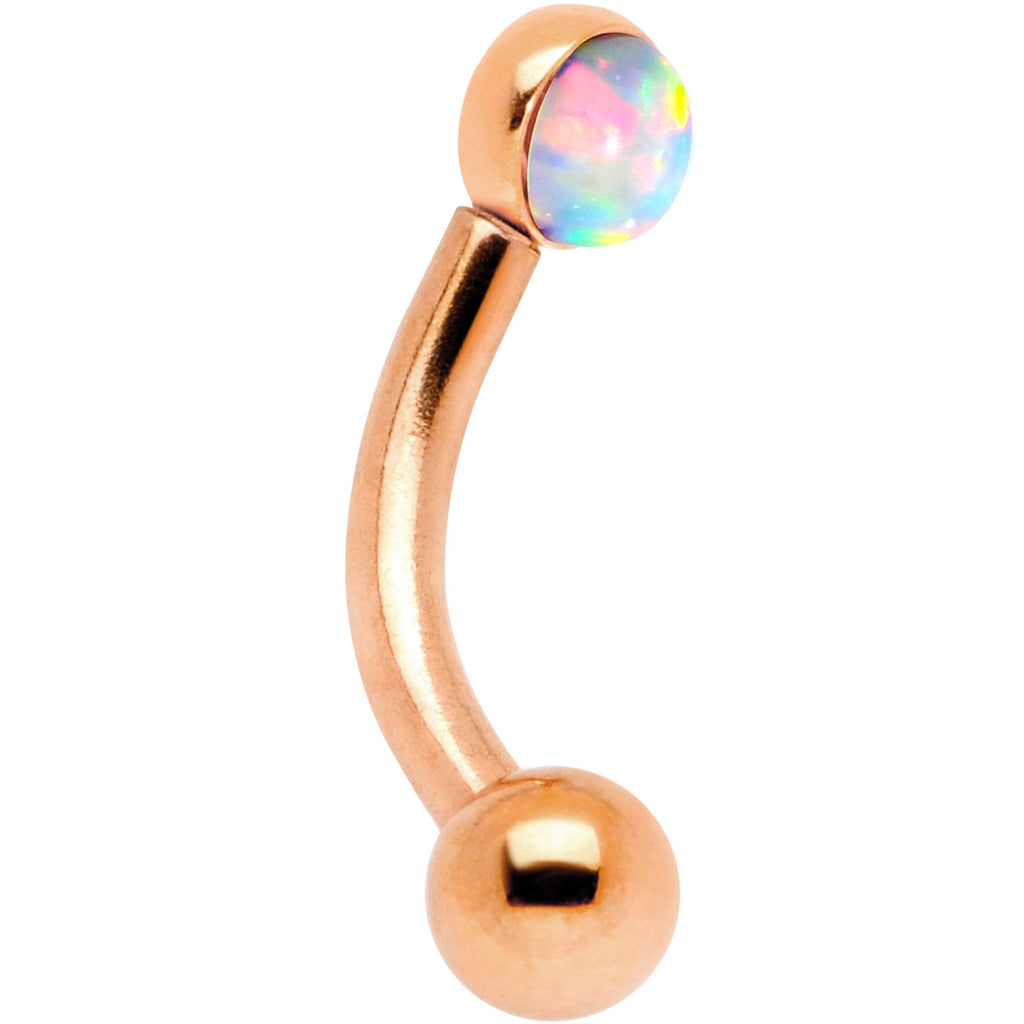 16G 1/4 White Synthetic Opal Flat Set Rose Gold IP Curved Eyebrow Rook Piercing