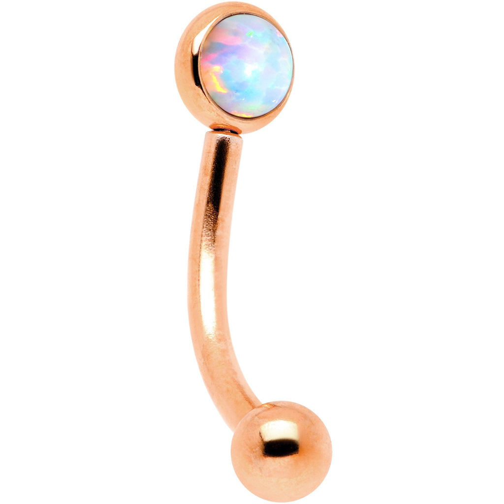 16G 5/16 White Synthetic Opal Flat Set Rose Gold IP Curved Eyebrow Rook Piercing