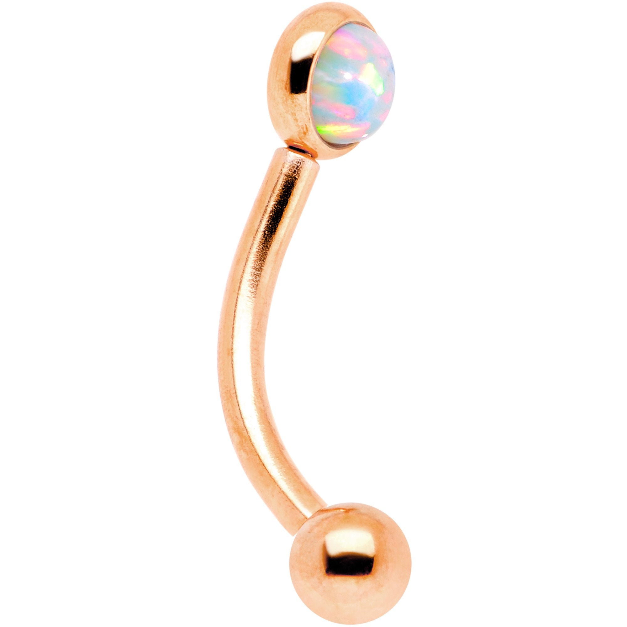 16G 5/16 White Synthetic Opal Flat Set Rose Gold IP Curved Eyebrow Rook Piercing