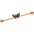 Rose Gold Tone Iridescent Butterfly Charm Industrial Barbell 38mm