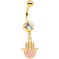 Clear Gem Gold Tone Hamsa Hand Pink Flower Dangle Belly Ring