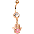 Clear Gem Rose Gold Tone Hamsa Hand Pink Flower Dangle Belly Ring