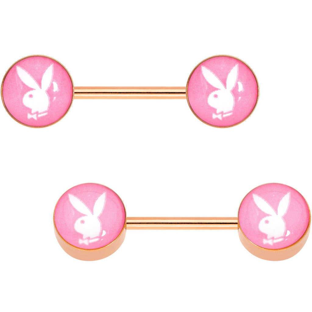 Licensed Pink White Playboy Bunny Gold Tone Barbell Nipple Ring Set