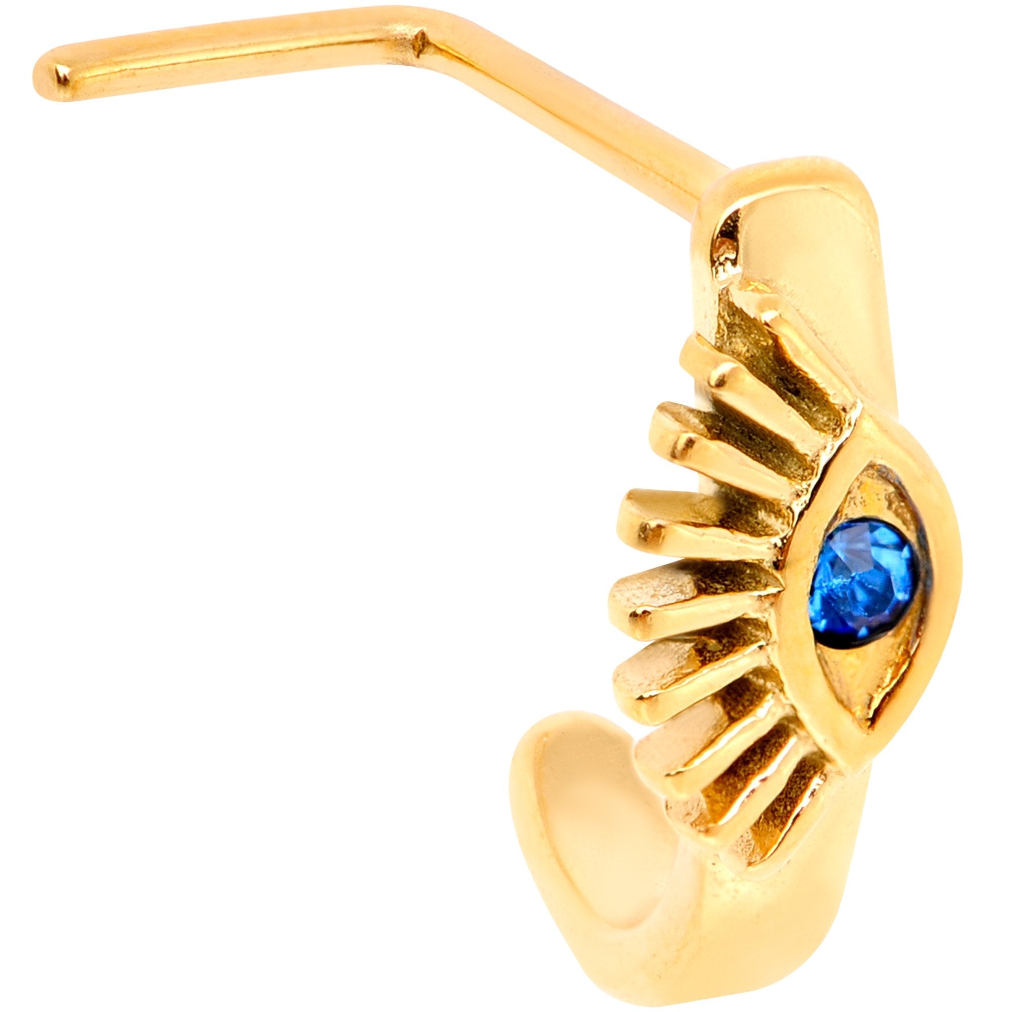 20G Blue Gem Gold Tone Wide Eye Faux Hoop L Shaped Nose Ring