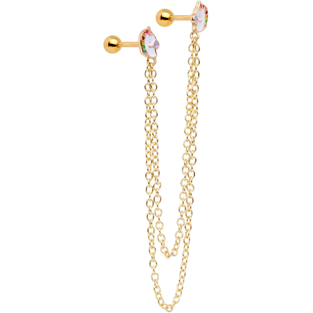 16G 1/4 Gold Tone Pretty Unicorns Cartilage Chain Earring