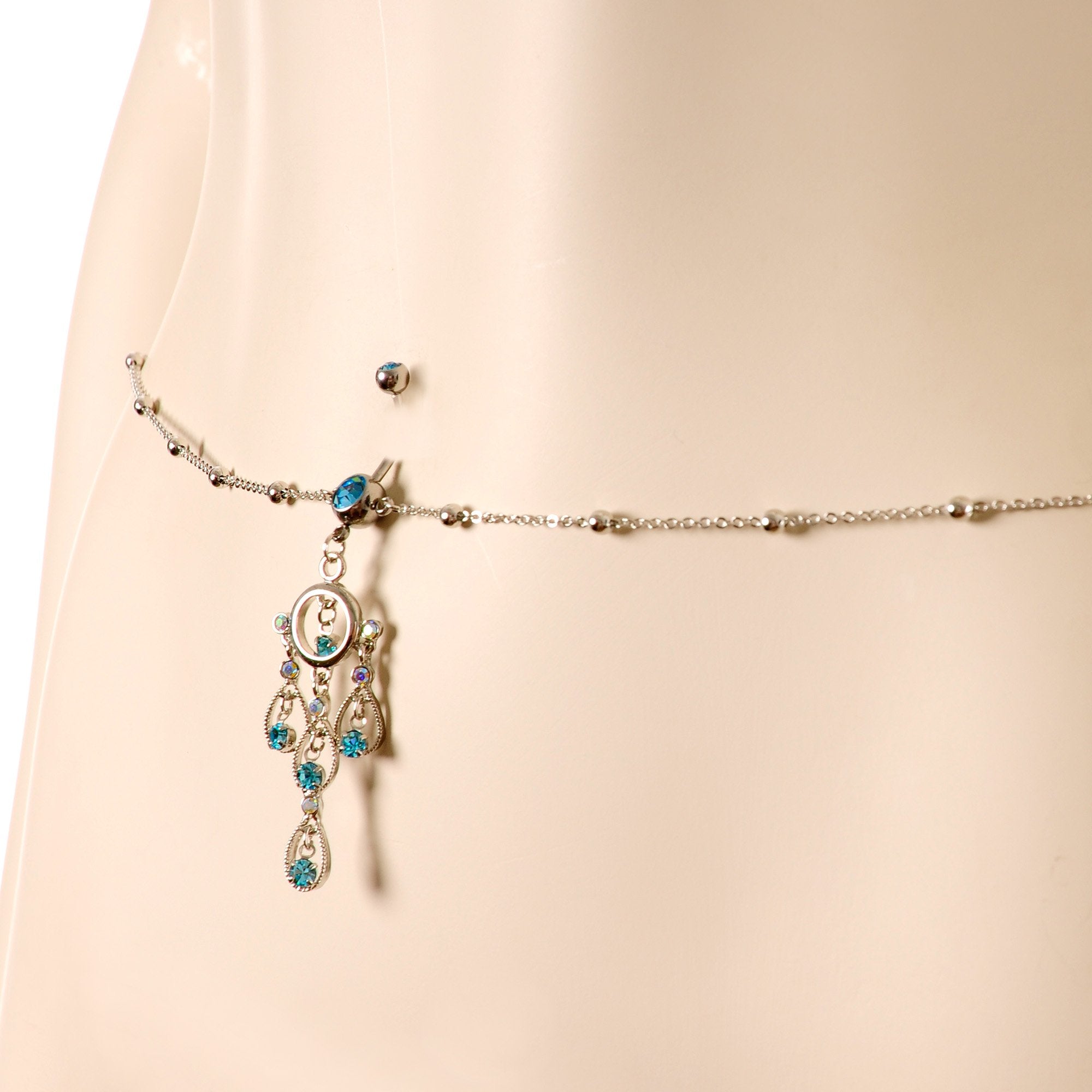 Aqua Gem Dancing Queen Chandelier Dangle Belly Ring Belly Chain