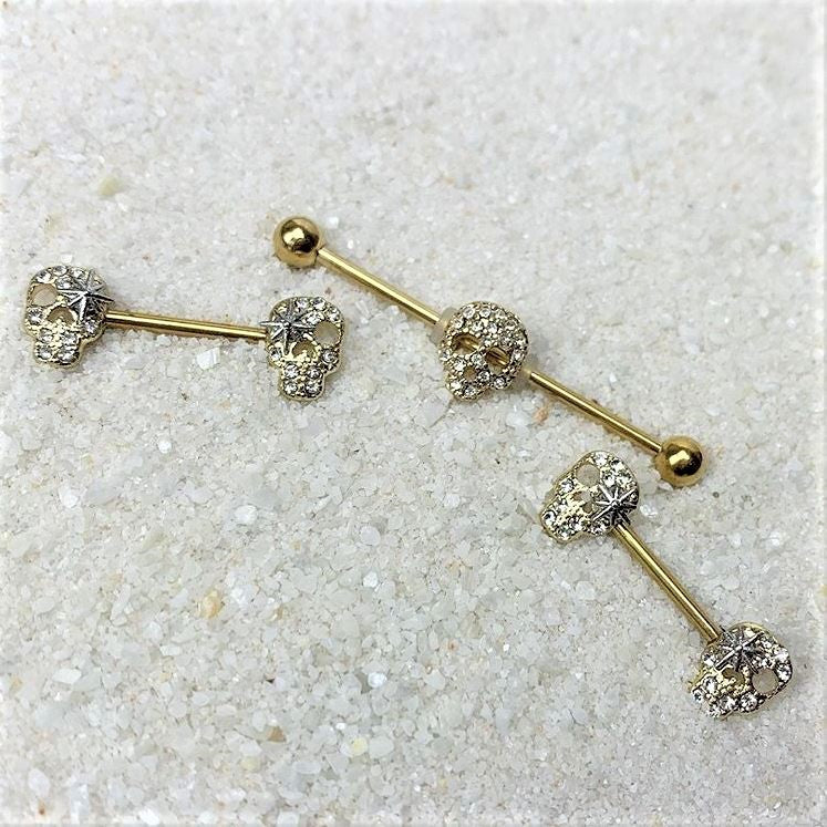 14G 9/16 Clear Gem Gold Tone Star Skull Barbell Nipple Ring Set