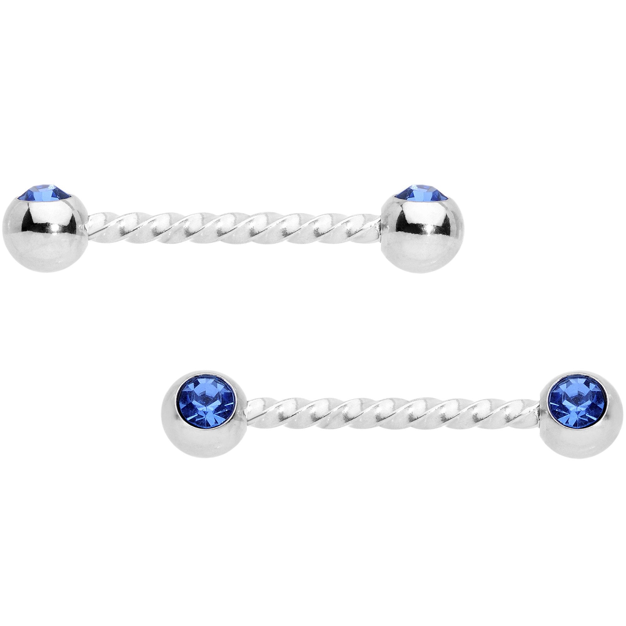 14G 5/8 Blue Gem Twisted Barbell Nipple Ring Set
