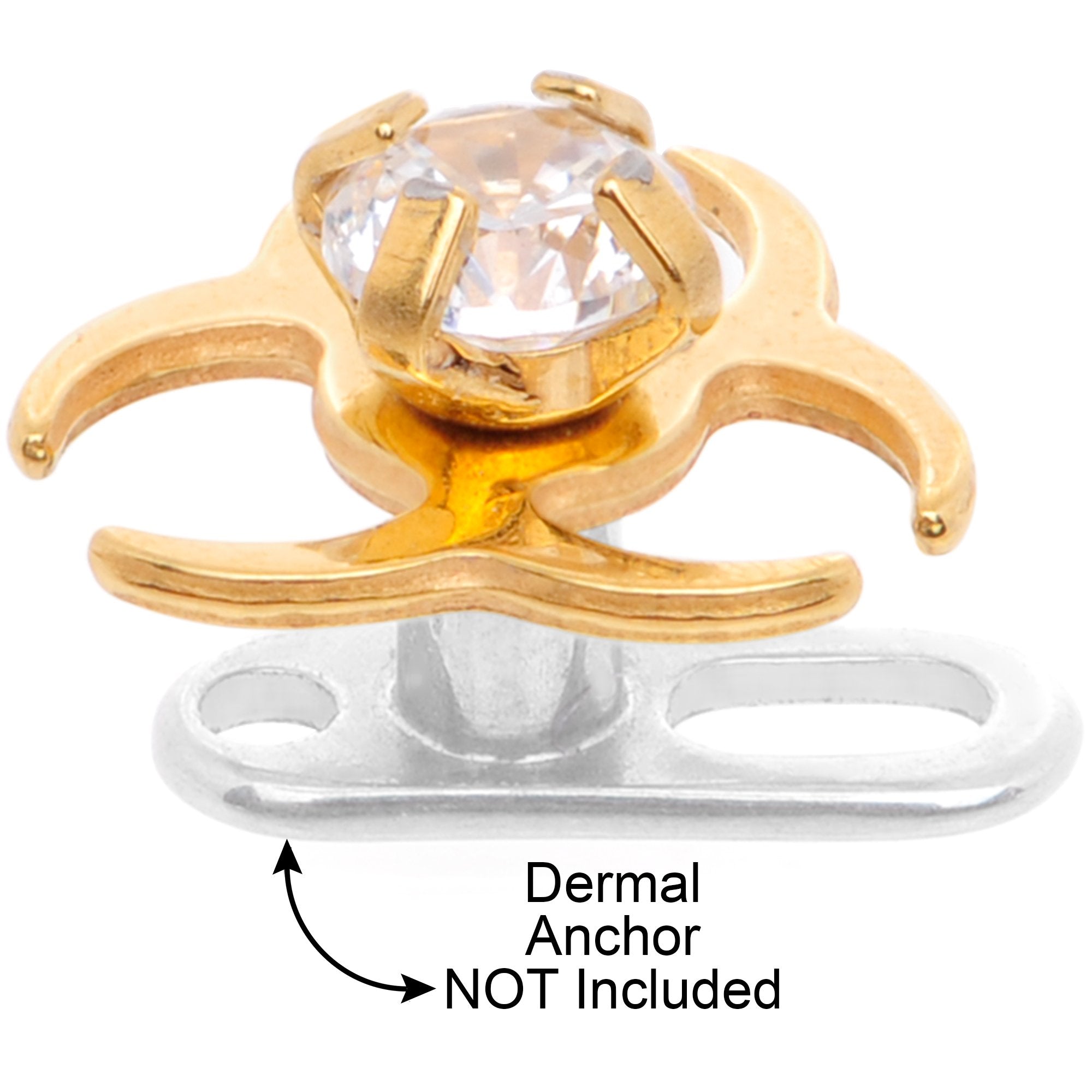 14G Clear Gem Gold Tone Biohazard Dermal Anchor Top