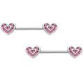 14G 9/16 Pink Gem Passionate Heart Barbell Nipple Ring Set