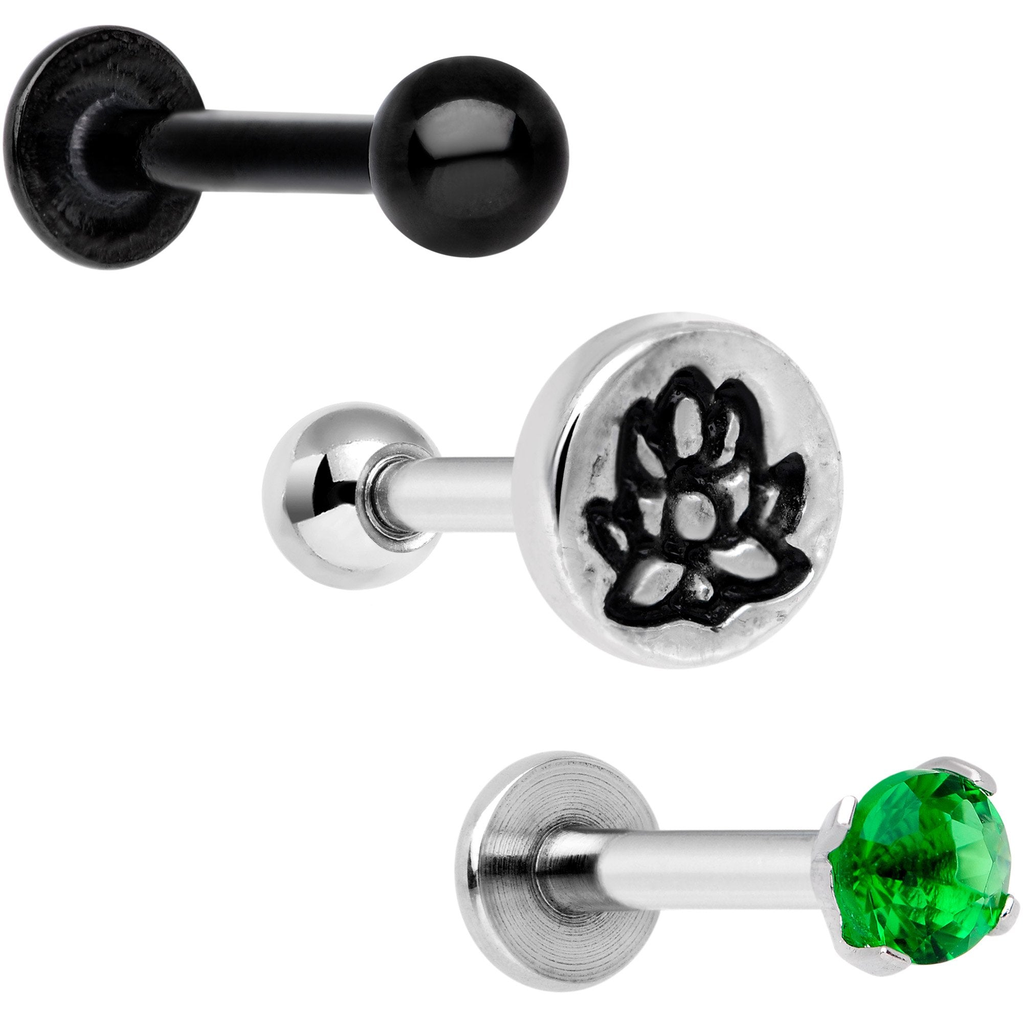 16G 1/4 Green Gem Lotus Flower Cartilage Tragus Earring Set of 3