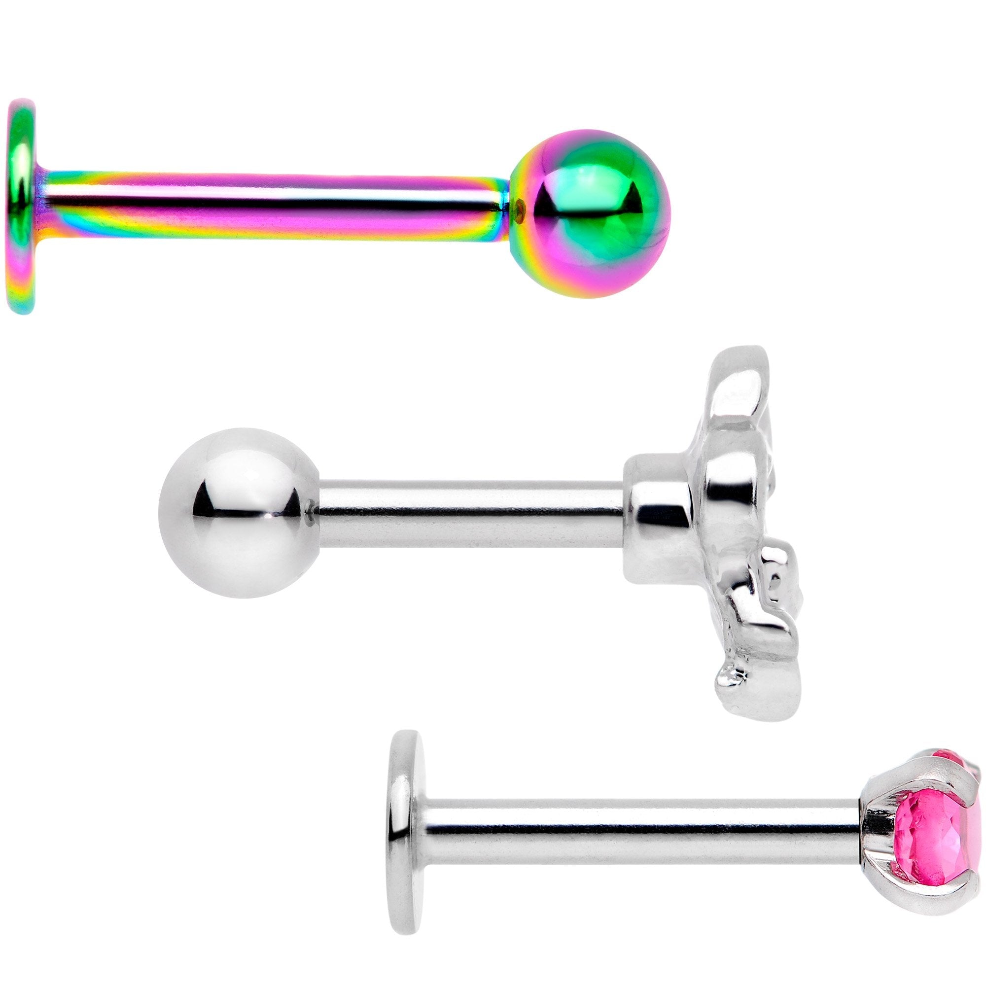 16G 1/4 Pink Gem Rainbow Cartilage Tragus Earring Set of 3