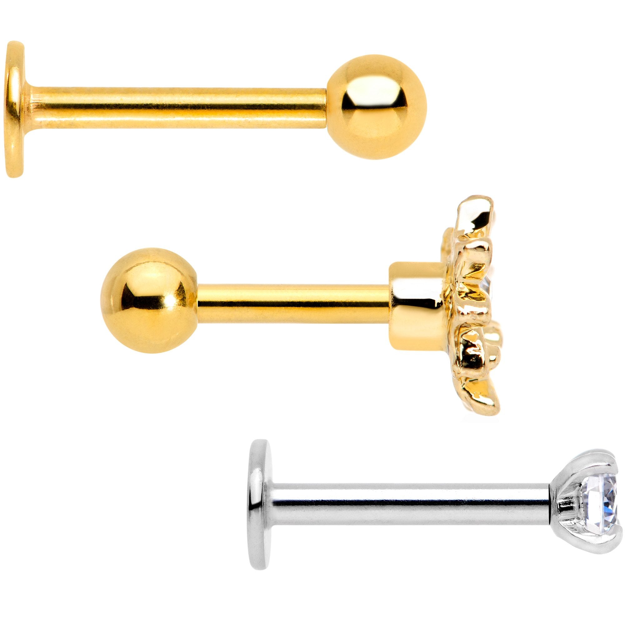 16G 1/4 Clear Gem Gold Tone Flower Cartilage Tragus Set of 3