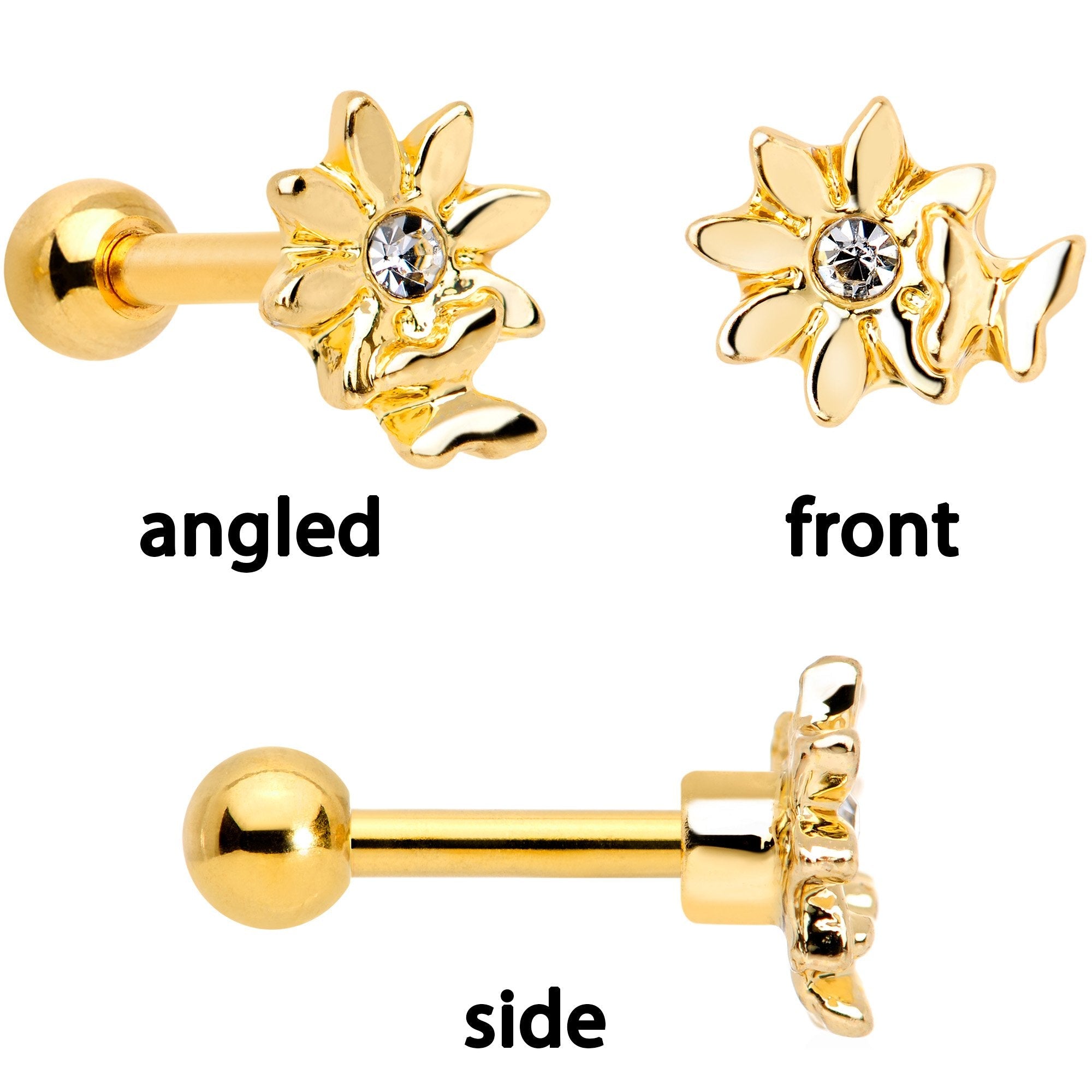 16G 1/4 Clear Gem Gold Tone Flower Cartilage Tragus Set of 3