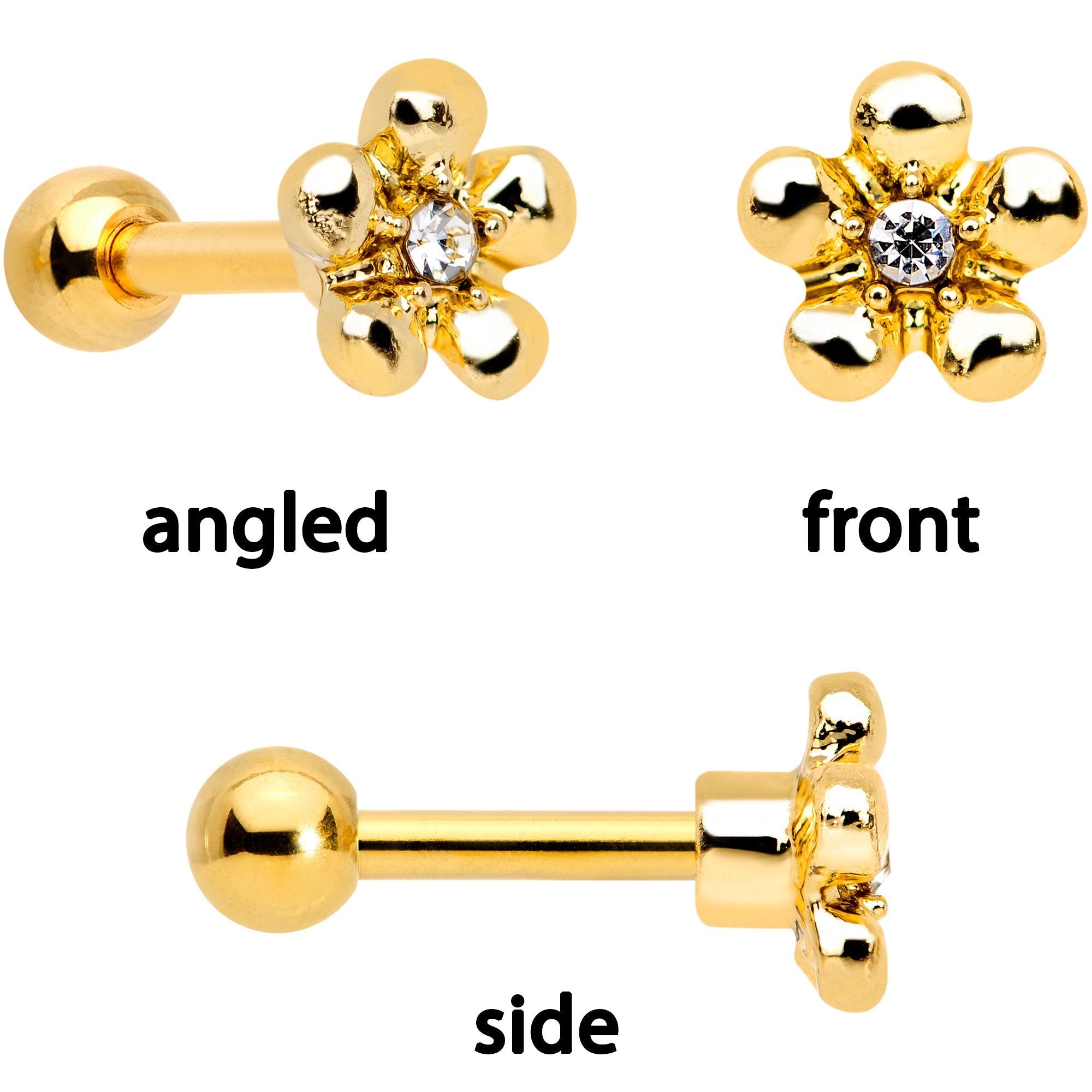 16G 1/4 Clear Gem Gold Tone Daisy Flower Cartilage Tragus Set of 3