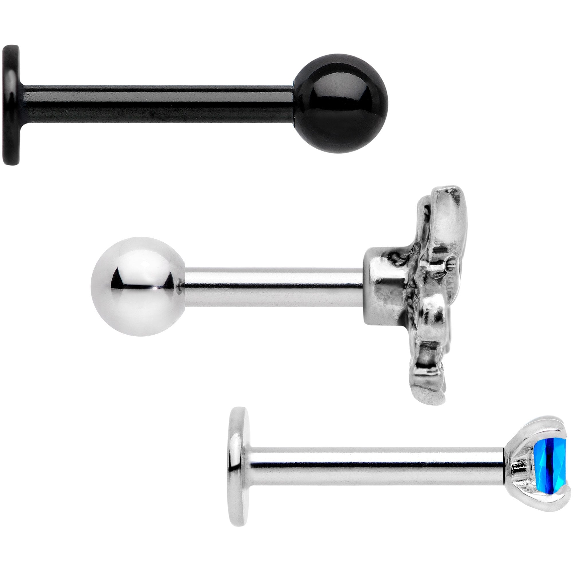 16G 1/4 Blue Gem Spring Black Cartilage Tragus Earring Set of 3