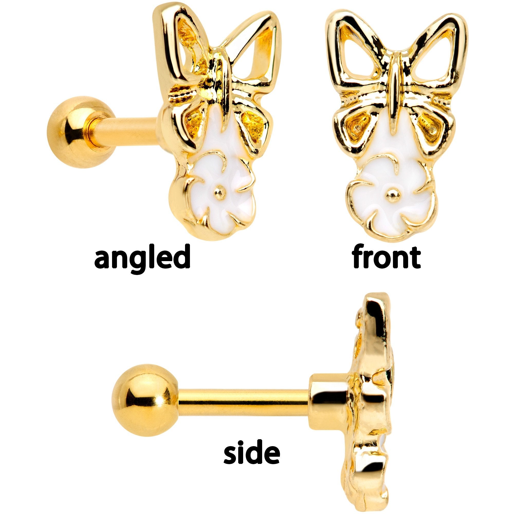 16G 1/4 Clear Gem Gold Tone Butterfly Cartilage Tragus Set of 3