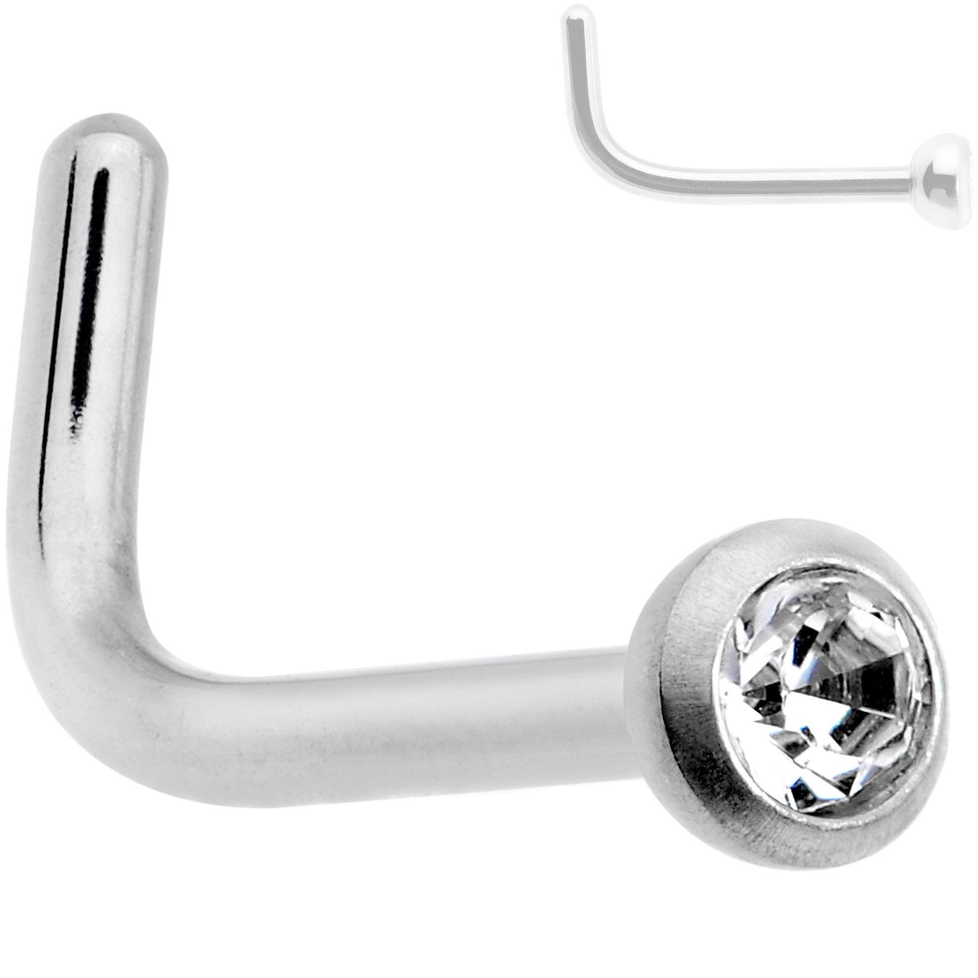 20G G23 Titanium Press Fit Clear CZ Micro Ball L Shaped Nose Ring