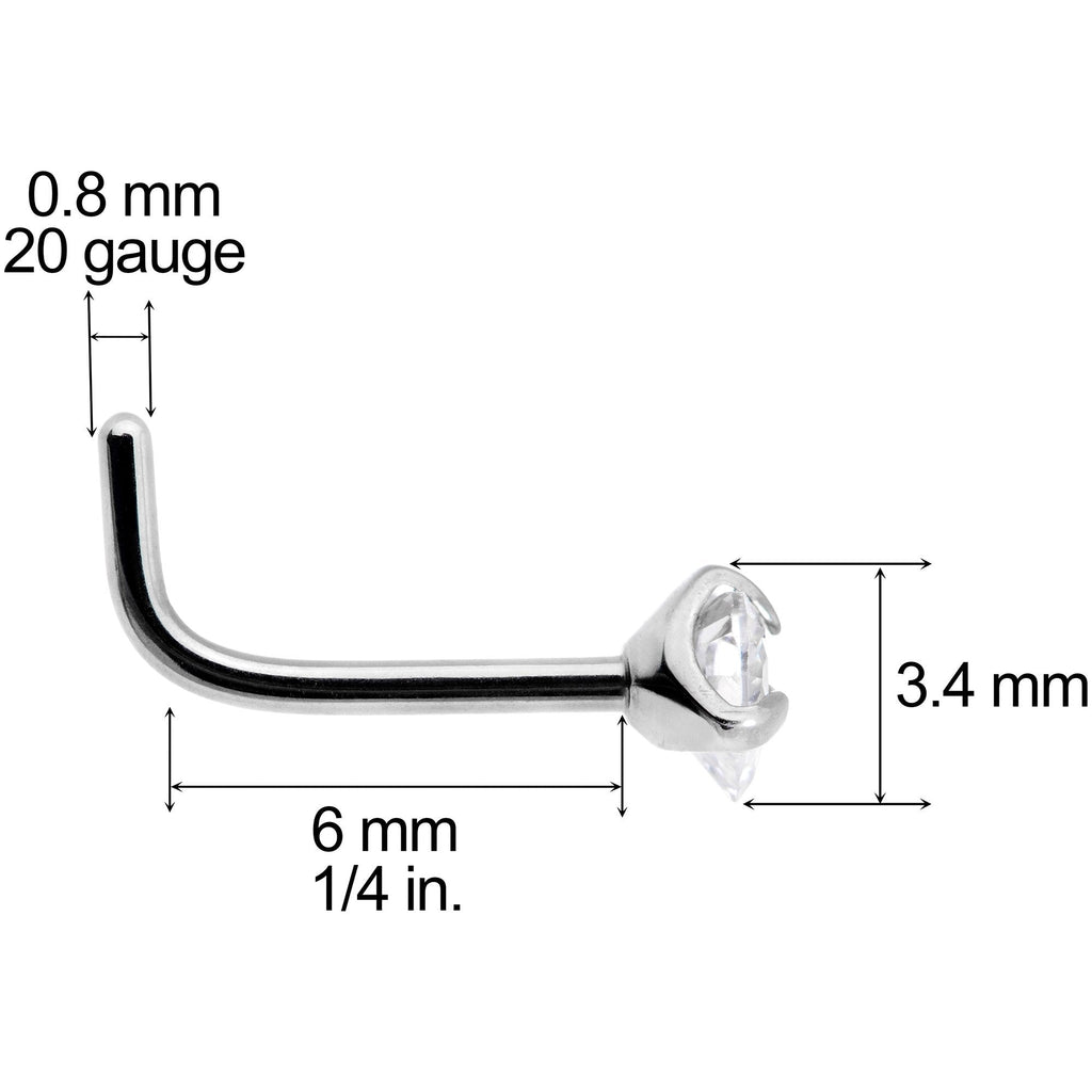 20G Clear 3mm CZ Heart Gem Grade 23 Titanium L Shaped Nose Ring