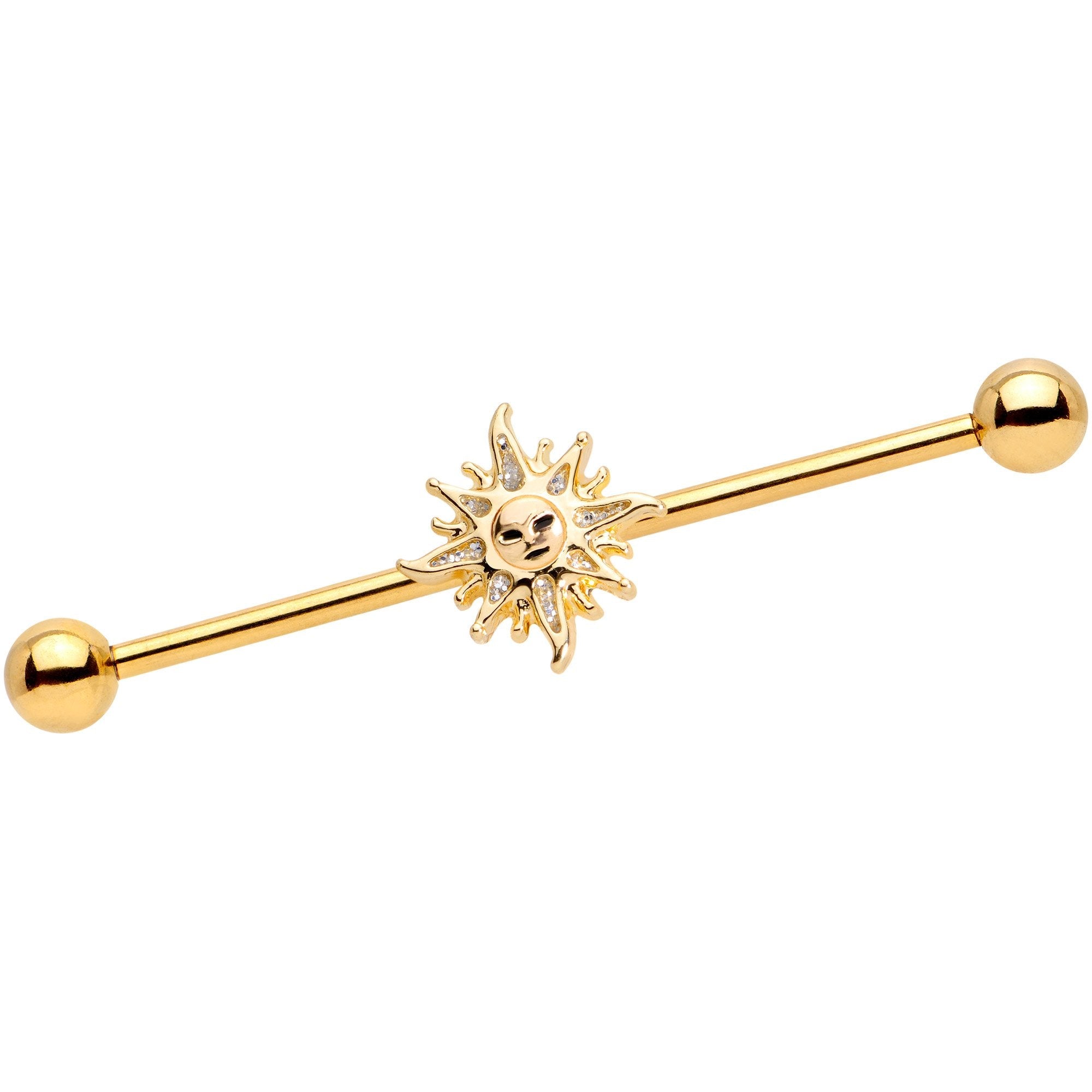 14G Gold Tone Happy Sun Industrial Barbell  38mm