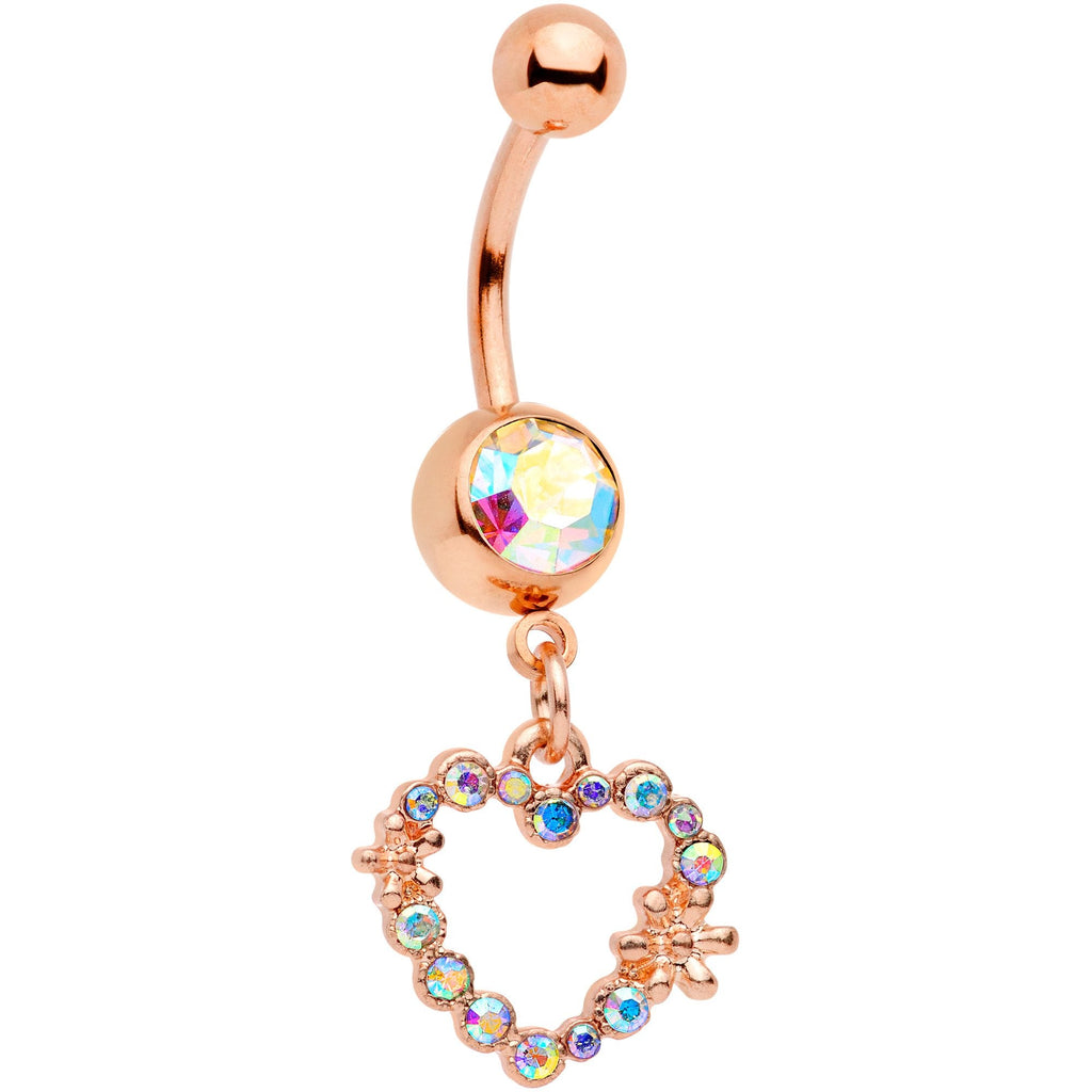 Aurora Gem Rose Gold Tone Heart Dangle Belly Ring