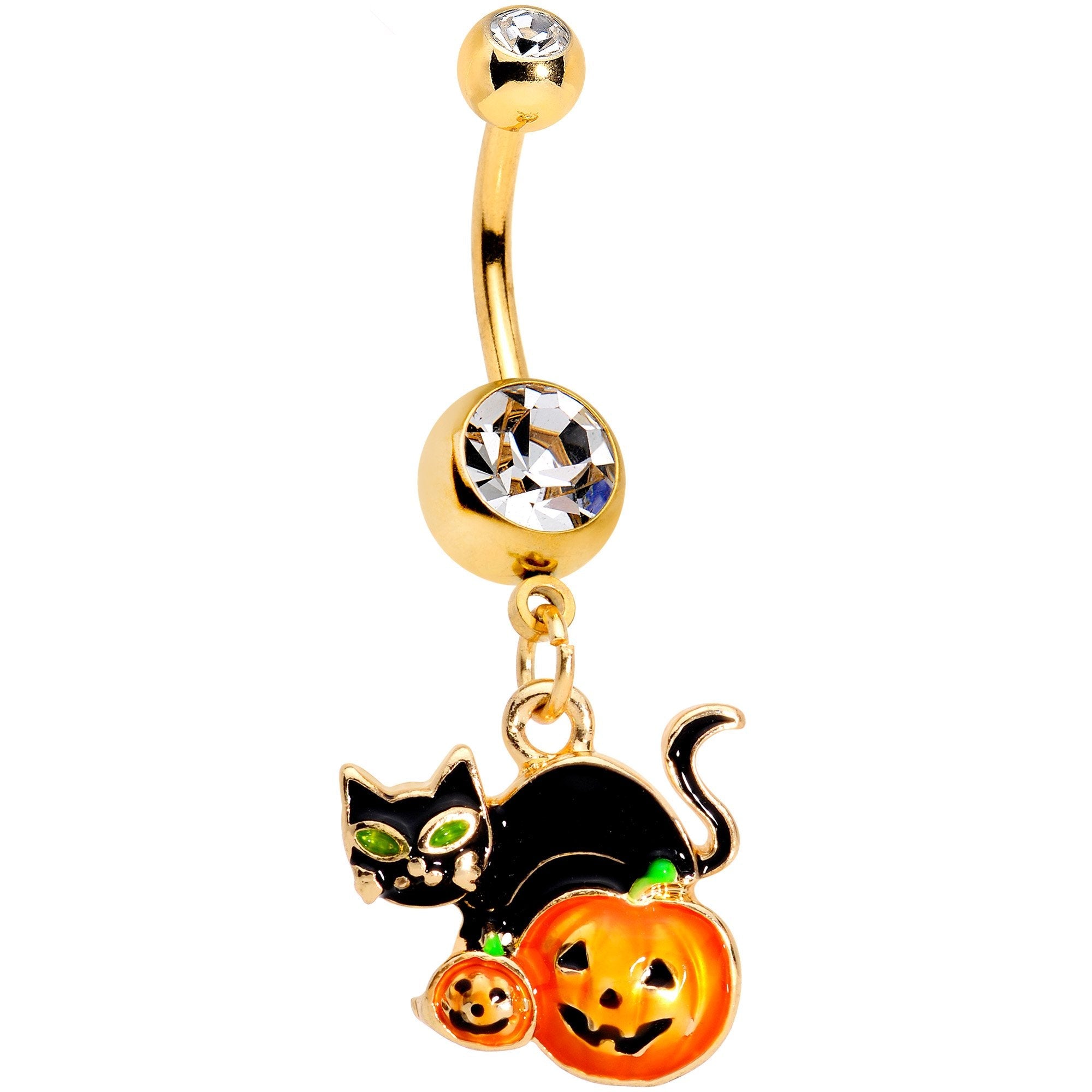 Clear Gem Gold Tone Black Cat Jack O Lantern Dangle Belly Ring