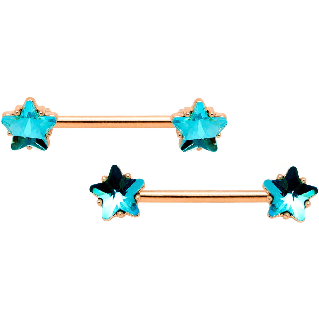14G Blue Gem Star Rose Gold Tone BCR Barbell Nipple Ring Set