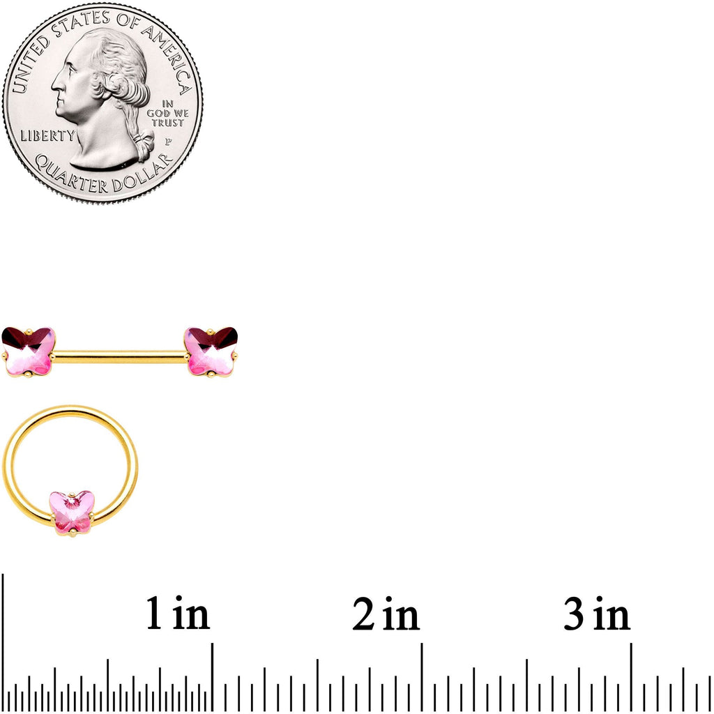 14G Pink Gem Butterfly Gold Tone BCR Barbell Nipple Ring Set