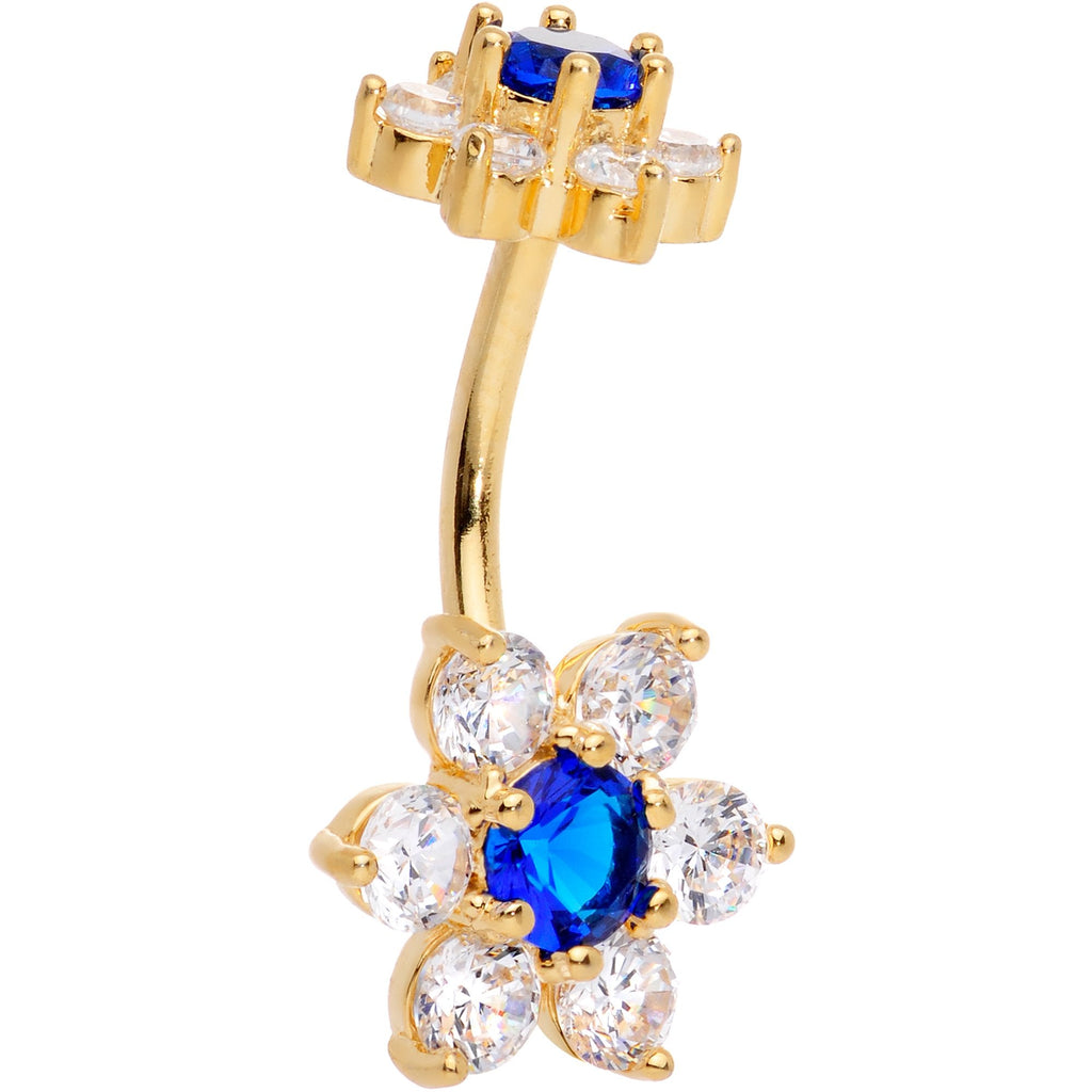 Blue Clear CZ Gem Gold Tone Double Flower Delight Double Mount Belly Ring