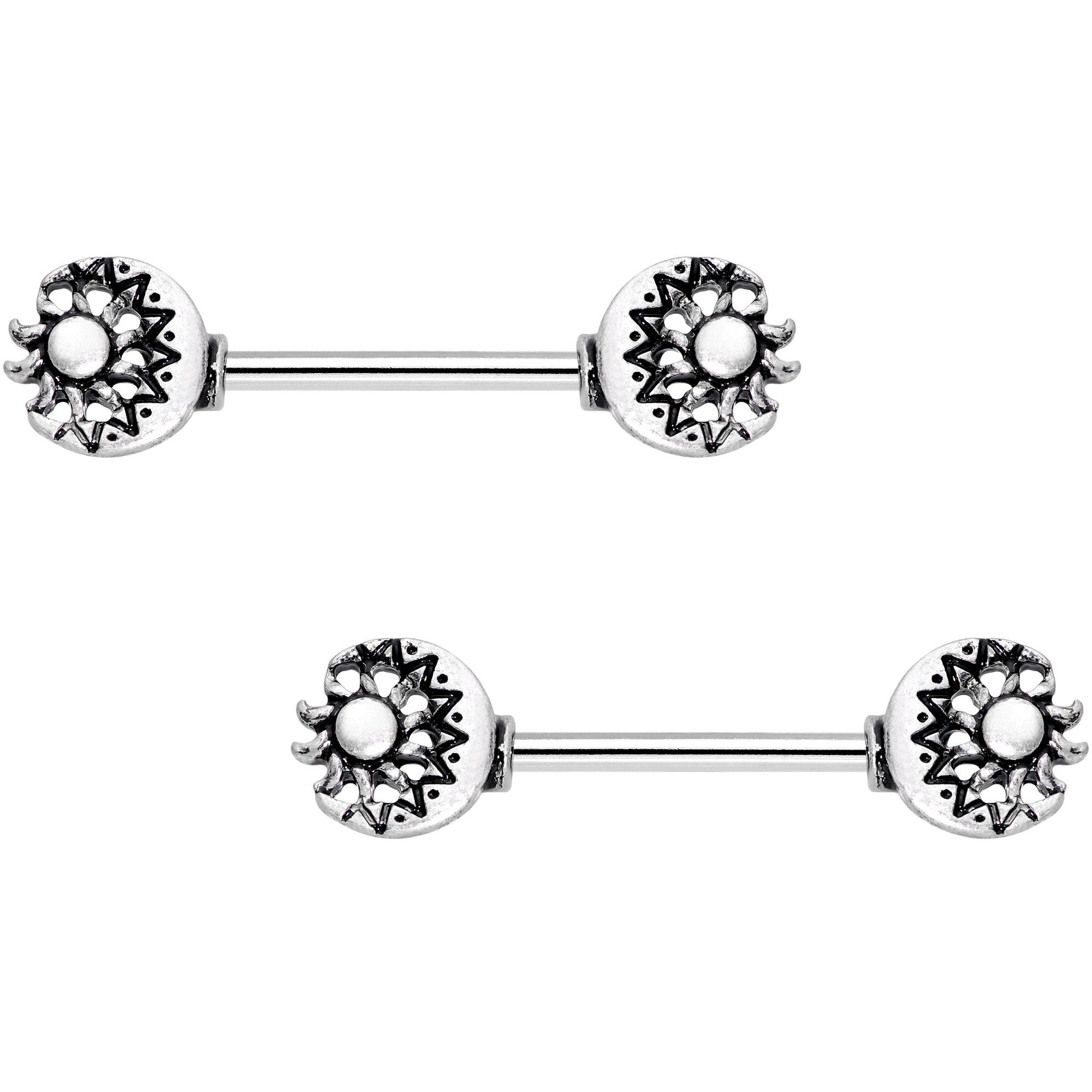 14G 9/16 Crescent Moon and Sun Barbell Nipple Ring Set