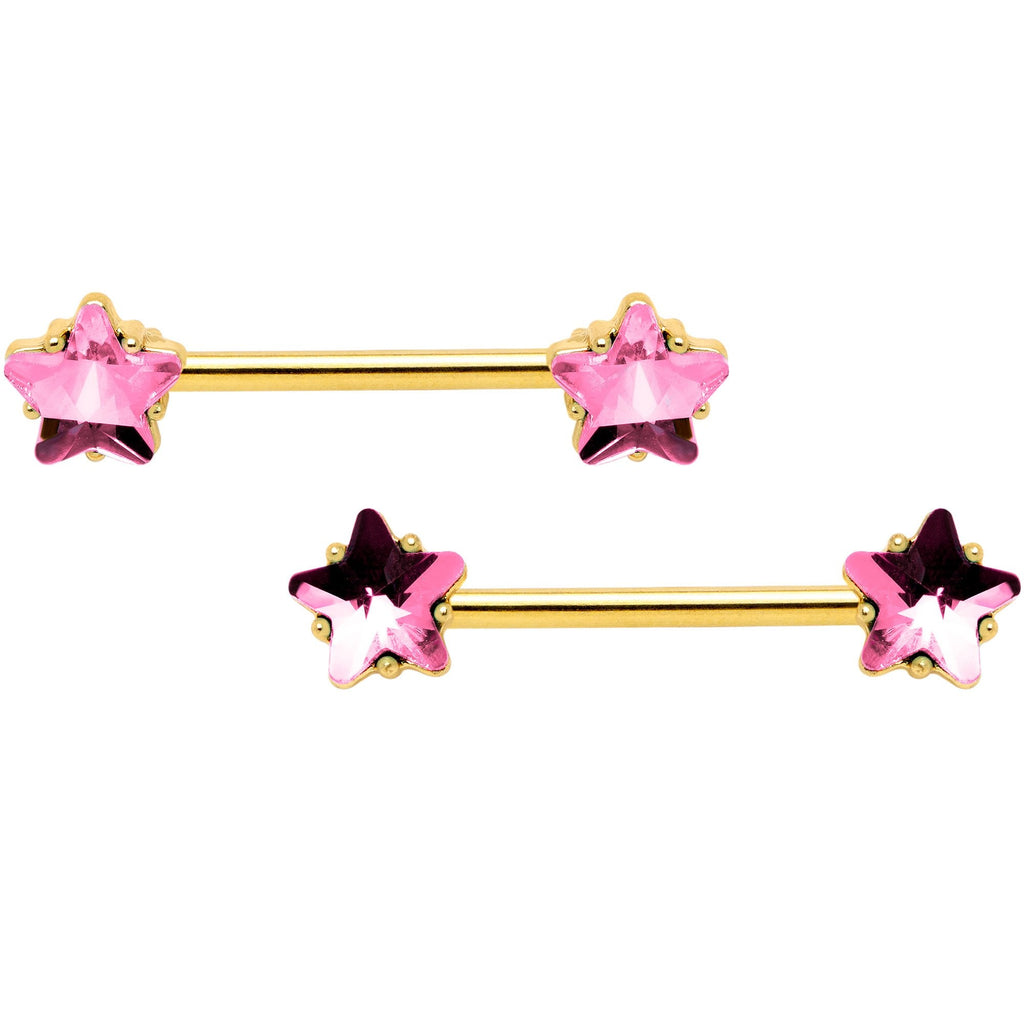 14G Pink Gem Star Gold Tone Captive Barbell Nipple Ring Set