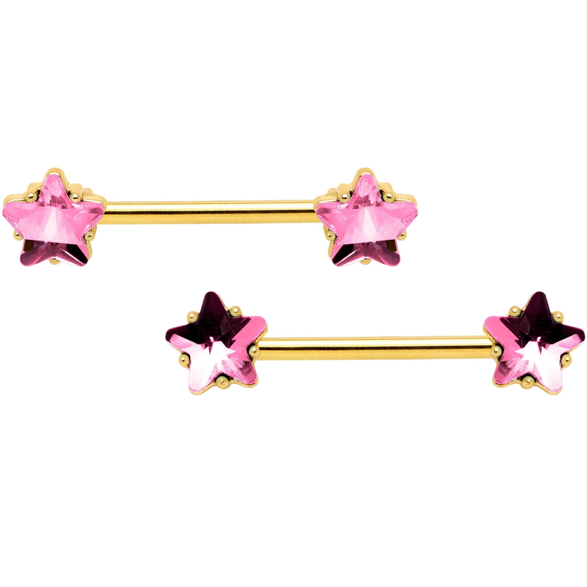 14G Pink Gem Star Gold Tone Captive Barbell Nipple Ring Set