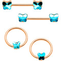 14G Blue Gem Butterfly Rose Gold Hue BCR Barbell Nipple Ring Set