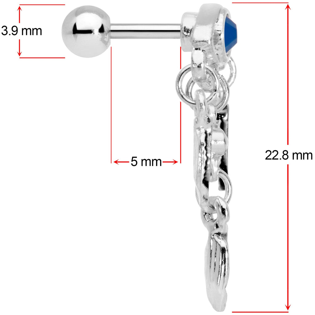16G 1/4 Blue Gem Eye Feather Dangle Cartilage Tragus Earring